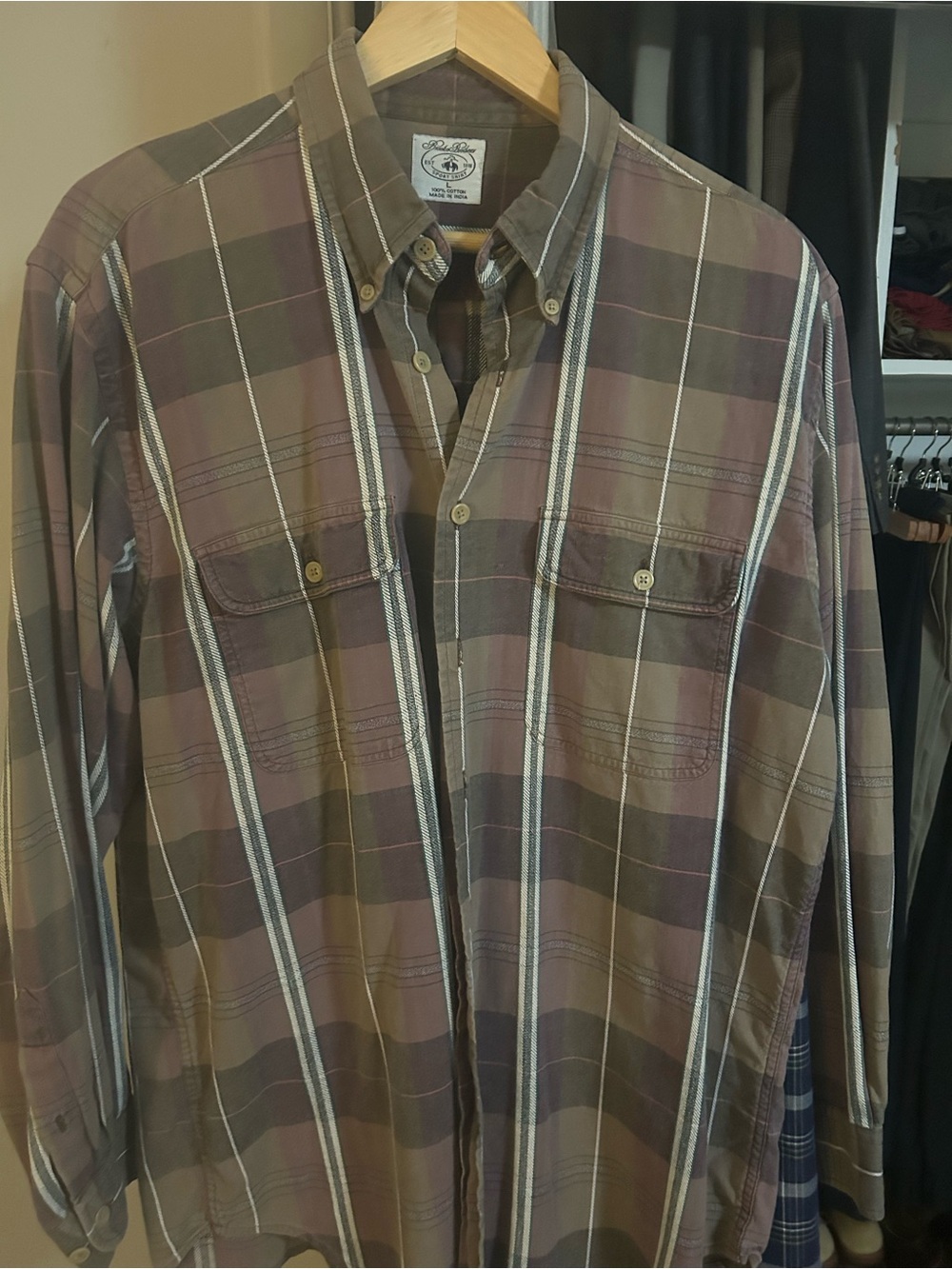 Brooks Brothers Taupe, Purple and White Plaid Button-Down Shirt EUC